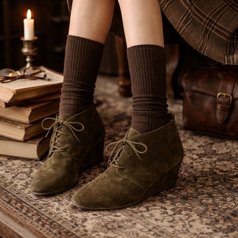 Nine West Brown‎ Suede Lace Up Wedge Booties, Fall Dark Academia Style, Leather